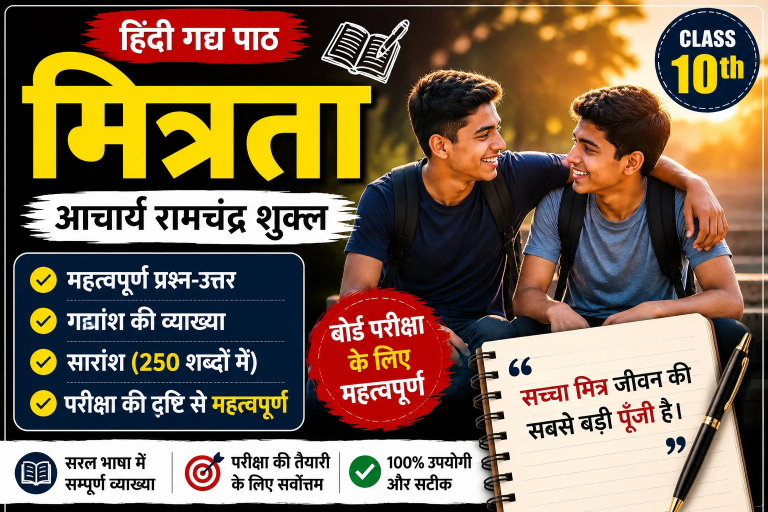 मित्रता सार Mitrata Summary Explanation Word meanings UPMSP Class 10 Hindi chapter 1 Question & Answer